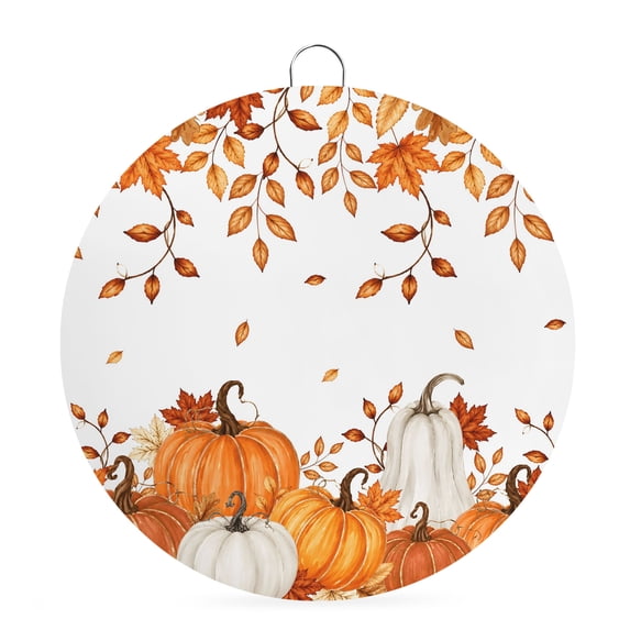 Welcome Sign Front Door Decorations, Burnt Orange Pumpkins Fall Round Wall Art Outdoor Metal Wreaths, Thanksgiving Maple Leaves Autumn Seasonal Hanging Sign for Home Porch Decor Warming Gift 8 In