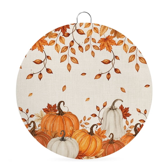 Welcome Sign Front Door Decorations, Burnt Orange Pumpkins Fall Round Wall Art Outdoor Metal Wreaths, Thanksgiving Rustic Autumn Leaves Seasonal Hanging Sign for Home Porch Decor Warming Gift 6 In
