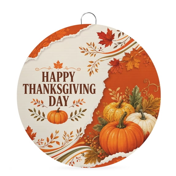 Welcome Sign Front Door Decorations, Burnt Orange Pumpkins Thanksgiving Round Wall Art Outdoor Metal Wreaths, Fall Botanical Farmhouse Seasonal Hanging Sign for Home Porch Decor Warming Gift 8 In