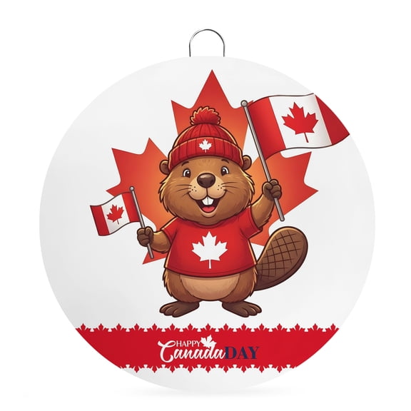 Welcome Sign Front Door Decorations, Canada Beavers Round Wall Art Outdoor Metal Wreaths, Modern Chic Maple Leaf Red Brown Seasonal Hanging Sign for Home Porch Decor Warming Gift 6 In