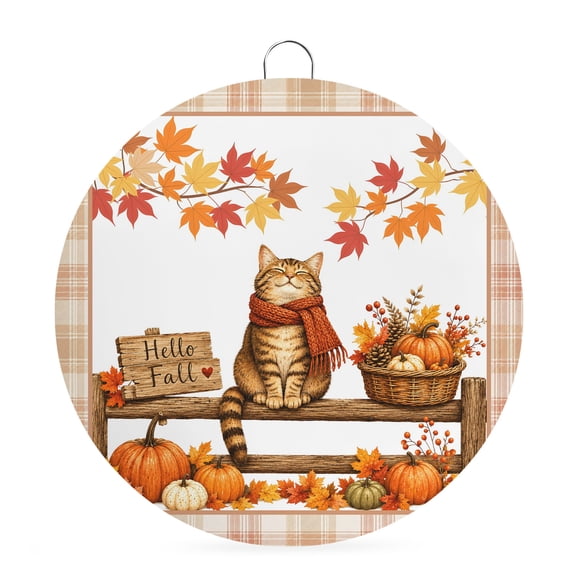 Welcome Sign Front Door Decorations, Cat Pumpkins Fall Round Wall Art Outdoor Metal Wreaths, Thanksgiving Leaves Checkered Seasonal Hanging Sign for Home Porch Decor Warming Gift 8 In