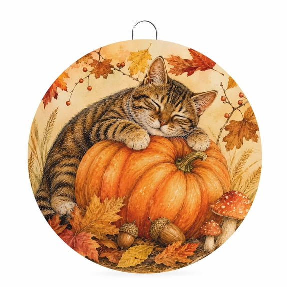 Welcome Sign Front Door Decorations, Cat Pumpkins Thanksgiving Round Wall Art Outdoor Metal Wreaths, Fall Maple Leaves Vintage Art Seasonal Hanging Sign for Home Porch Decor Warming Gift 8 In