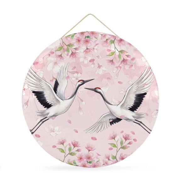 Welcome Sign Front Door Decorations, Cherry Blossom Crane Round Wall Art Outdoor Metal Wreaths, Pink Spring Modern Farmhouse Floral Seasonal Hanging Sign for Home Porch Decor Warming Gift 12 In