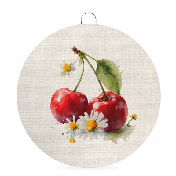 Welcome Sign Front Door Decorations, Cherry Round Wall Art Outdoor Metal Wreaths, Fruits Daisy Spring Floral Botanical Seasonal Hanging Sign for Home Porch Decor Warming Gift 8 In