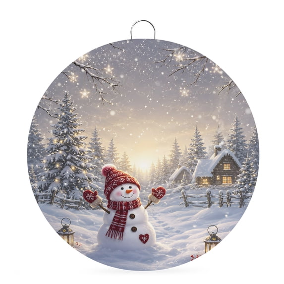 Welcome Sign Front Door Decorations, Christmas Snowman Round Wall Art Outdoor Metal Wreaths, Winter Farmhouse Xmas Tree Snowy Landscape Seasonal Hanging Sign for Home Porch Decor Warming Gift 8 In