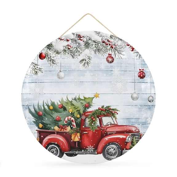 Welcome Sign Front Door Decorations, Christmas Truck Round Wall Art Outdoor Metal Wreaths, Xmas Tree Branch Red Balls Snowflake Rustic Seasonal Hanging Sign for Home Porch Decor Warming Gift 12 In
