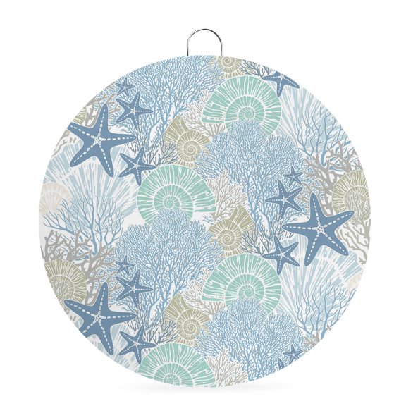 Welcome Sign Front Door Decorations, Coastal Coral Round Wall Art Outdoor Metal Wreaths, Nautical Ocean Starfish Conch Shells Seasonal Hanging Sign for Home Porch Decor Warming Gift 6 In