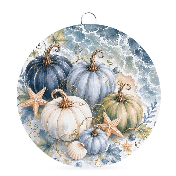 Welcome Sign Front Door Decorations, Coastal Pumpkins Fall Round Wall Art Outdoor Metal Wreaths, Blue Starfish Beach Thanksgiving Seasonal Hanging Sign for Home Porch Decor Warming Gift 6 In
