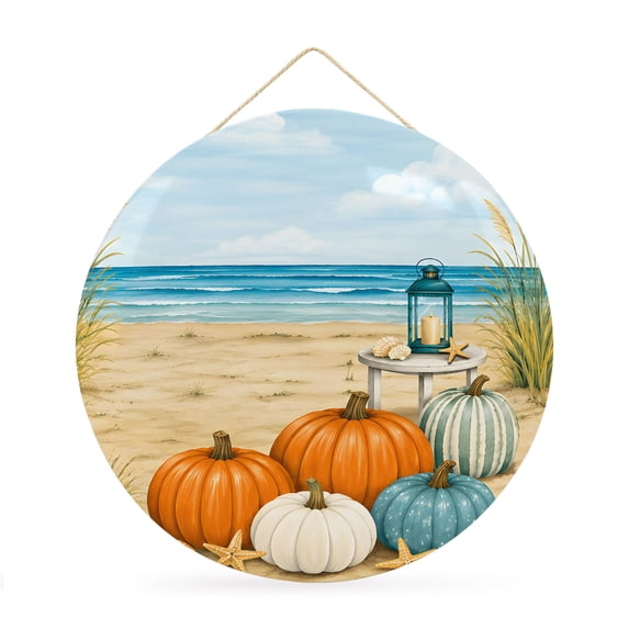 Welcome Sign Front Door Decorations, Coastal Pumpkins Round Wall Art Outdoor Metal Wreaths, Fall Watercolor Ocean Nautical Beach Seasonal Hanging Sign for Home Porch Decor Warming Gift 12 In