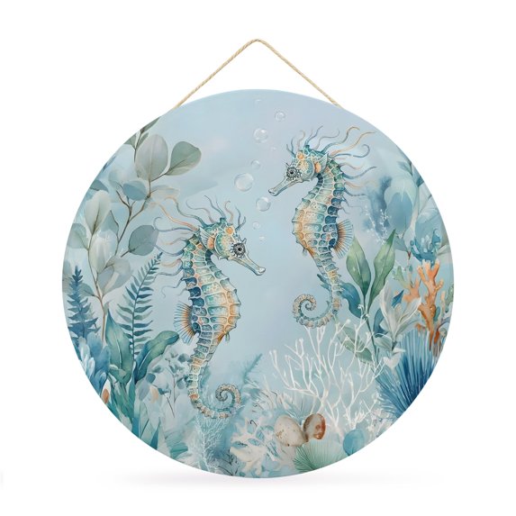 Welcome Sign Front Door Decorations, Coastal Seahorse Round Wall Art Outdoor Metal Wreaths, Summer Green Eucalyptus Leaves Coral Seasonal Hanging Sign for Home Porch Decor Warming Gift 12 In