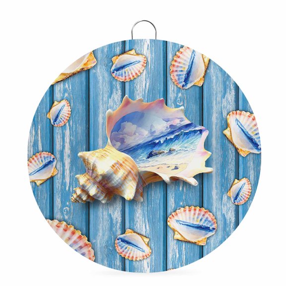 Welcome Sign Front Door Decorations, Coastal Shells Round Wall Art Outdoor Metal Wreaths, Summer Ocean Waves Conch Blue Wooden Grain Seasonal Hanging Sign for Home Porch Decor Warming Gift 6 In