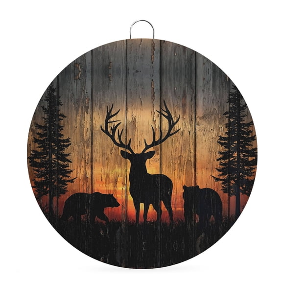 Welcome Sign Front Door Decorations, Deer Bear Round Wall Art Outdoor Metal Wreaths, Rustic Forest Sunset Pine Tree Natural Landscape Seasonal Hanging Sign for Home Porch Decor Warming Gift 6 In