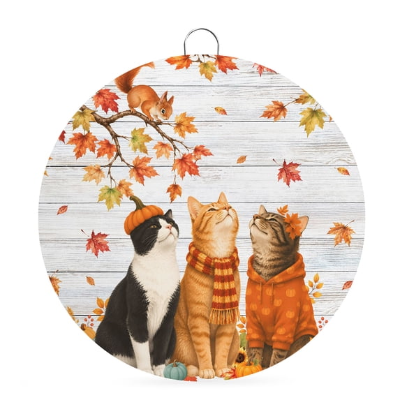 Welcome Sign Front Door Decorations, Fall Cat Round Wall Art Outdoor Metal Wreaths, Thanksgiving Autumn Harvest Maple Leaf Wood Grain Seasonal Hanging Sign for Home Porch Decor Warming Gift 6 In