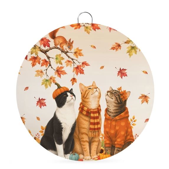 Welcome Sign Front Door Decorations, Fall Cat Round Wall Art Outdoor Metal Wreaths, Thanksgiving Autumn Harvest Pumpkins Leaves Orange Seasonal Hanging Sign for Home Porch Decor Warming Gift 6 In