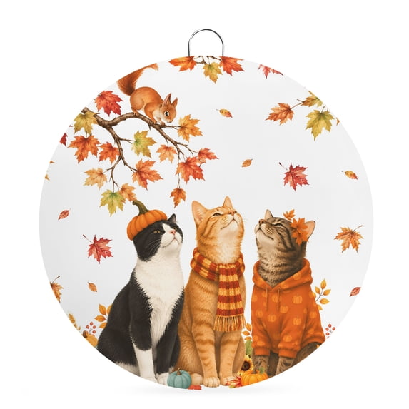 Welcome Sign Front Door Decorations, Fall Cat Round Wall Art Outdoor Metal Wreaths, Thanksgiving Autumn Harvest Pumpkins Maple Leaves Seasonal Hanging Sign for Home Porch Decor Warming Gift 6 In