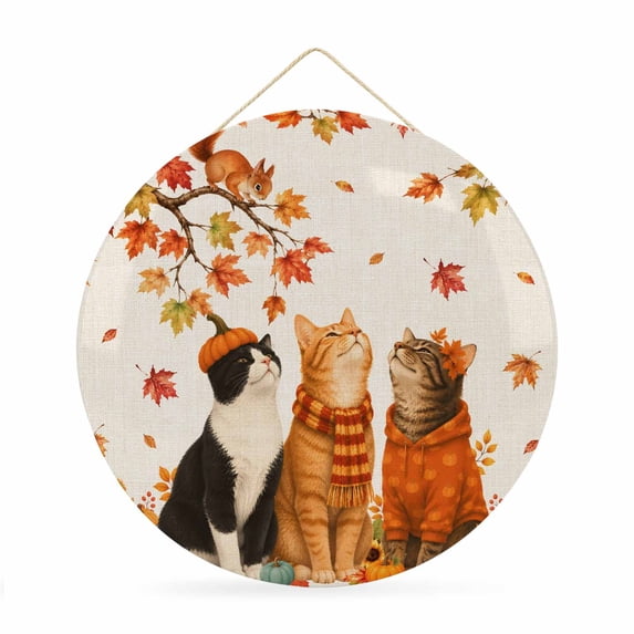 Welcome Sign Front Door Decorations, Fall Cat Round Wall Art Outdoor Metal Wreaths, Thanksgiving Autumn Harvest Vintage Maple Leaf Seasonal Hanging Sign for Home Porch Decor Warming Gift 12 In