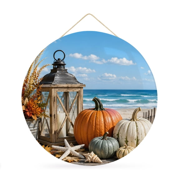 Welcome Sign Front Door Decorations, Fall Coastal Pumpkins Round Wall Art Outdoor Metal Wreaths, Thanksgiving Ocean Beach Waves Leaf Seasonal Hanging Sign for Home Porch Decor Warming Gift 12 In