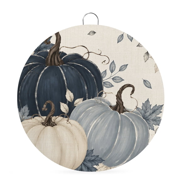 Welcome Sign Front Door Decorations, Fall Pumpkin Navy Blue Round Wall Art Outdoor Metal Wreaths, Rustic Botanical Autumn Thanksgiving Seasonal Hanging Sign for Home Porch Decor Warming Gift 8 In