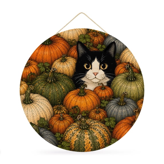 Welcome Sign Front Door Decorations, Fall Pumpkin Round Wall Art Outdoor Metal Wreaths, Autumn Thanksgiving Leaves Cats Rustic Seasonal Hanging Sign for Home Porch Decor Warming Gift 12 In