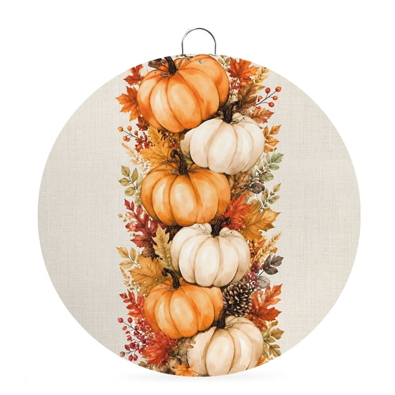 Welcome Sign Front Door Decorations, Fall Pumpkin Round Wall Art Outdoor Metal Wreaths, Thanksgiving Berry Maple Leaves Pinecones Beige Seasonal Hanging Sign for Home Porch Decor Warming Gift 8 In