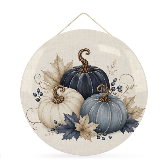 Welcome Sign Front Door Decorations, Fall Pumpkin Round Wall Art Outdoor Metal Wreaths, Thanksgiving Maple Leaves Rustic Beige Seasonal Hanging Sign for Home Porch Decor Warming Gift 12 In