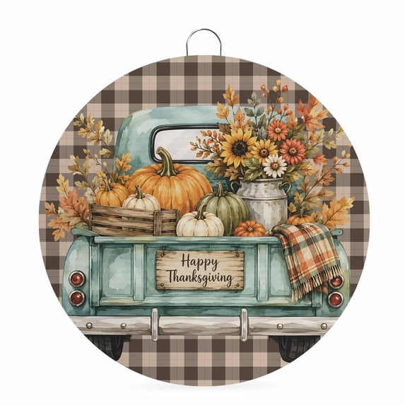 Welcome Sign Front Door Decorations, Fall Thanksgiving Round Wall Art Outdoor Metal Wreaths, Farmhouse Pumpkin Truck Maple Leaf Plaid Seasonal Hanging Sign for Home Porch Decor Warming Gift 8 In