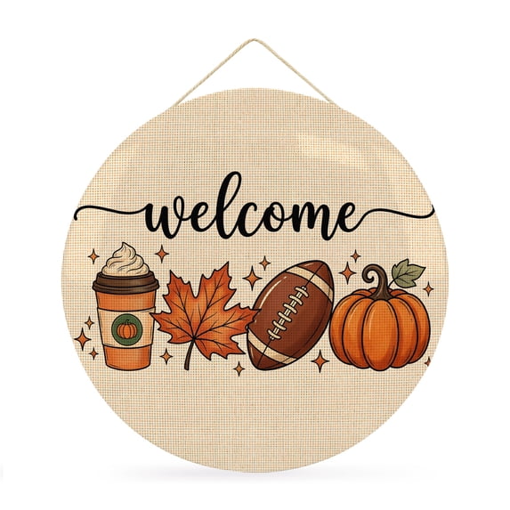 Welcome Sign Front Door Decorations, Fall Welcome Round Wall Art Outdoor Metal Wreaths, Autumn Thanksgiving Pumpkins Rugby Seasonal Hanging Sign for Home Porch Decor Warming Gift 12 In