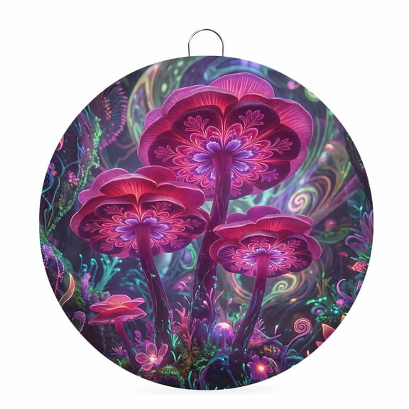 Welcome Sign Front Door Decorations, Fancy Mushrooms Round Wall Art Outdoor Metal Wreaths, Abstract Art Boho Purple Botanical Seasonal Hanging Sign for Home Porch Decor Warming Gift 6 In