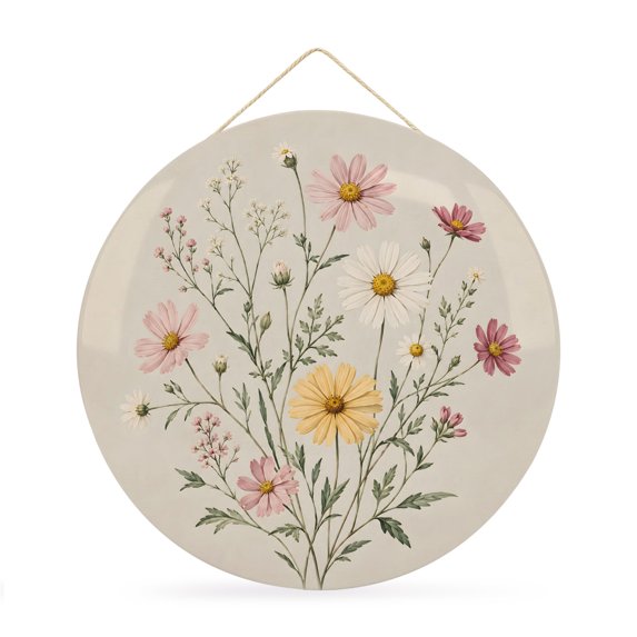 Welcome Sign Front Door Decorations, Farmhouse Daisy Round Wall Art Outdoor Metal Wreaths, Country Botanical Floral Blossom Seasonal Hanging Sign for Home Porch Decor Warming Gift 12 In
