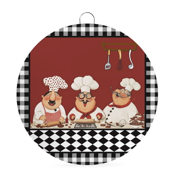 Welcome Sign Front Door Decorations, Fat Chefs Round Wall Art Outdoor Metal Wreaths, Kitchen Cooking Food Black Buffalo Plaid Seasonal Hanging Sign for Home Porch Decor Warming Gift 6 In