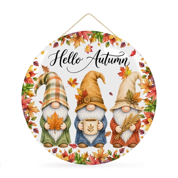 Welcome Sign Front Door Decorations, Gnomes Fall Round Wall Art Outdoor Metal Wreaths, Thanksgiving Maple Leaves Autumn Harvest Seasonal Hanging Sign for Home Porch Decor Warming Gift 12 In