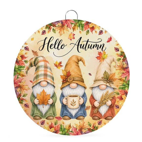 Welcome Sign Front Door Decorations, Gnomes Fall Round Wall Art Outdoor Metal Wreaths, Thanksgiving Maple Leaves Autumn Orange Seasonal Hanging Sign for Home Porch Decor Warming Gift 6 In