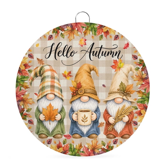 Welcome Sign Front Door Decorations, Gnomes Fall Round Wall Art Outdoor Metal Wreaths, Thanksgiving Maple Leaves Autumn Plaid Seasonal Hanging Sign for Home Porch Decor Warming Gift 8 In