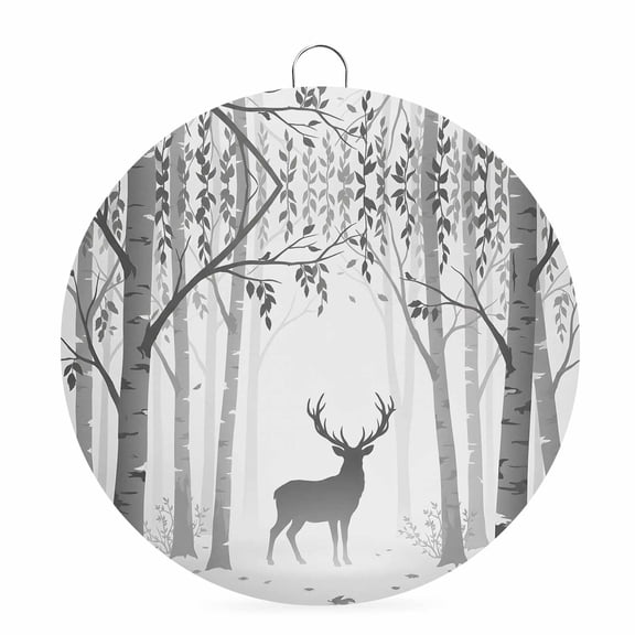 Welcome Sign Front Door Decorations, Grey Deer Round Wall Art Outdoor Metal Wreaths, Rustic Woodland Misty Forest Elk Natural Scenery Seasonal Hanging Sign for Home Porch Decor Warming Gift 8 In