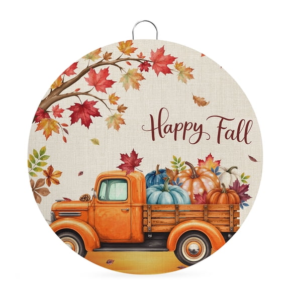 Welcome Sign Front Door Decorations, Happy Fall Round Wall Art Outdoor Metal Wreaths, Orange Truck Maple Branch Thanksgiving Rustic Seasonal Hanging Sign for Home Porch Decor Warming Gift 8 In