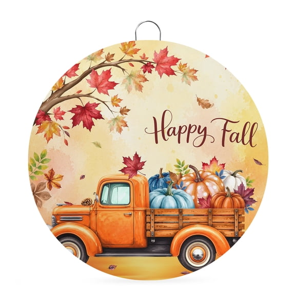 Welcome Sign Front Door Decorations, Happy Fall Round Wall Art Outdoor Metal Wreaths, Orange Truck Maple Branches Thanksgiving Orange Seasonal Hanging Sign for Home Porch Decor Warming Gift 8 In