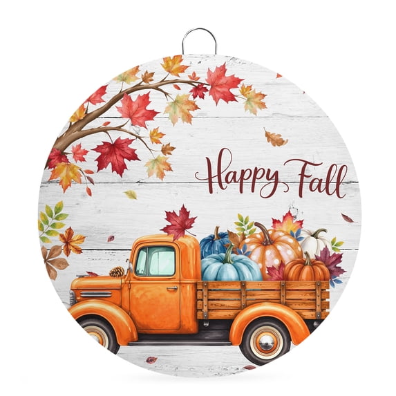 Welcome Sign Front Door Decorations, Happy Fall Round Wall Art Outdoor Metal Wreaths, Orange Truck Maple Branches Thanksgiving Wood Seasonal Hanging Sign for Home Porch Decor Warming Gift 8 In
