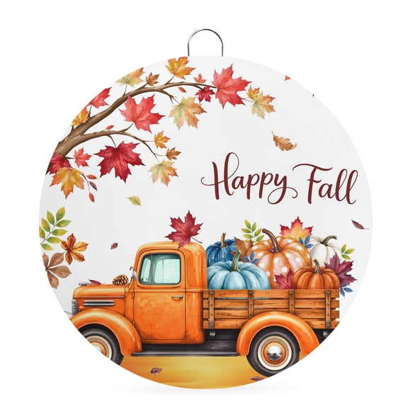 Welcome Sign Front Door Decorations, Happy Fall Round Wall Art Outdoor Metal Wreaths, Orange Truck Maple Leaves Branch Thanksgiving Seasonal Hanging Sign for Home Porch Decor Warming Gift 6 In