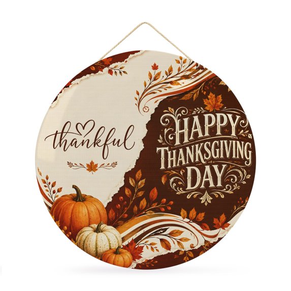 Welcome Sign Front Door Decorations, Happy Thanksgiving Round Wall Art Outdoor Metal Wreaths, Fall Harvest Pumpkin Maple Vintage Seasonal Hanging Sign for Home Porch Decor Warming Gift 12 In