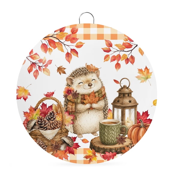 Welcome Sign Front Door Decorations, Hedgehog Fall Round Wall Art Outdoor Metal Wreaths, Thanksgiving Pine Cones Maple Leaves Plaid Seasonal Hanging Sign for Home Porch Decor Warming Gift 8 In