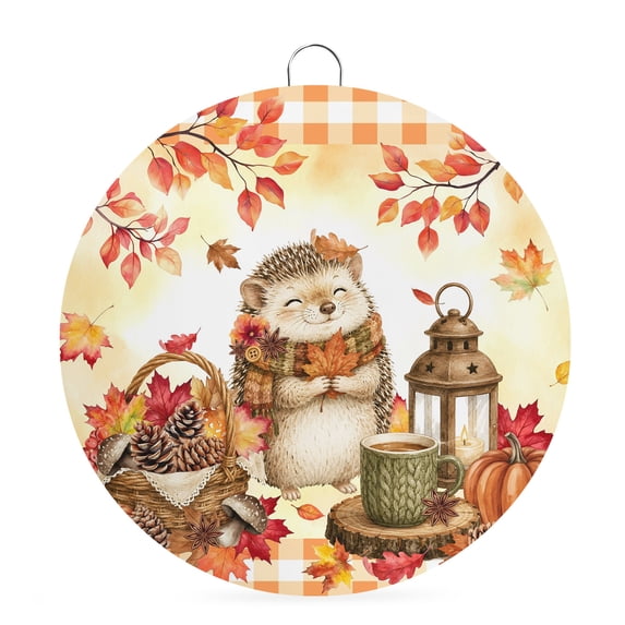 Welcome Sign Front Door Decorations, Hedgehog Fall Round Wall Art Outdoor Metal Wreaths, Thanksgiving Pine Cones Maple Orange Plaid Seasonal Hanging Sign for Home Porch Decor Warming Gift 6 In