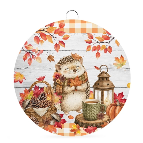 Welcome Sign Front Door Decorations, Hedgehog Fall Round Wall Art Outdoor Metal Wreaths, Thanksgiving Pine Cones Maple Wooden Plaid Seasonal Hanging Sign for Home Porch Decor Warming Gift 8 In