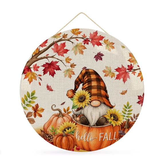 Welcome Sign Front Door Decorations, Hello Fall Round Wall Art Outdoor Metal Wreaths, Thanksgiving Pumpkins Gnomes Maple Beige Seasonal Hanging Sign for Home Porch Decor Warming Gift 12 In
