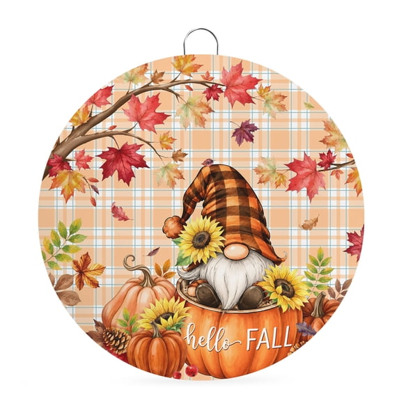 Welcome Sign Front Door Decorations, Hello Fall Round Wall Art Outdoor Metal Wreaths, Thanksgiving Pumpkins Gnomes Maple Checked Seasonal Hanging Sign for Home Porch Decor Warming Gift 8 In
