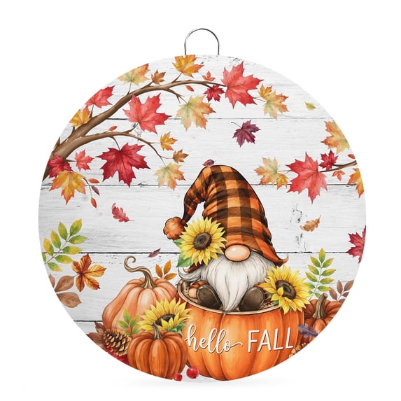 Welcome Sign Front Door Decorations, Hello Fall Round Wall Art Outdoor Metal Wreaths, Thanksgiving Pumpkins Gnomes Maple Wood Seasonal Hanging Sign for Home Porch Decor Warming Gift 8 In