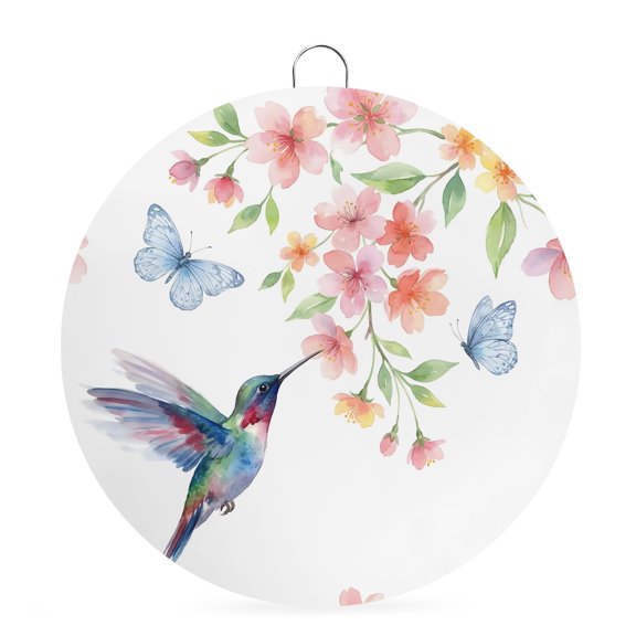 Welcome Sign Front Door Decorations, Hummingbird Butterflies Round Wall Art Outdoor Metal Wreaths, Spring Cherry Floral Botanical Leaf Seasonal Hanging Sign for Home Porch Decor Warming Gift 6 In