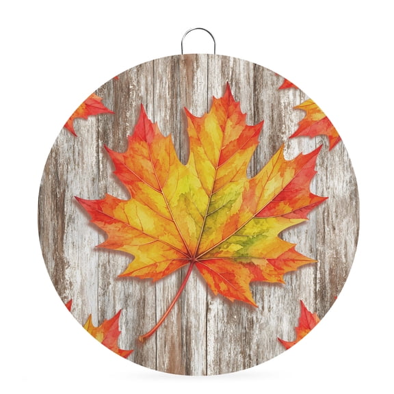 Welcome Sign Front Door Decorations, Maple Leaves Fall Round Wall Art Outdoor Metal Wreaths, Thanksgiving Wooden Botanical Vintage Art Seasonal Hanging Sign for Home Porch Decor Warming Gift 6 In