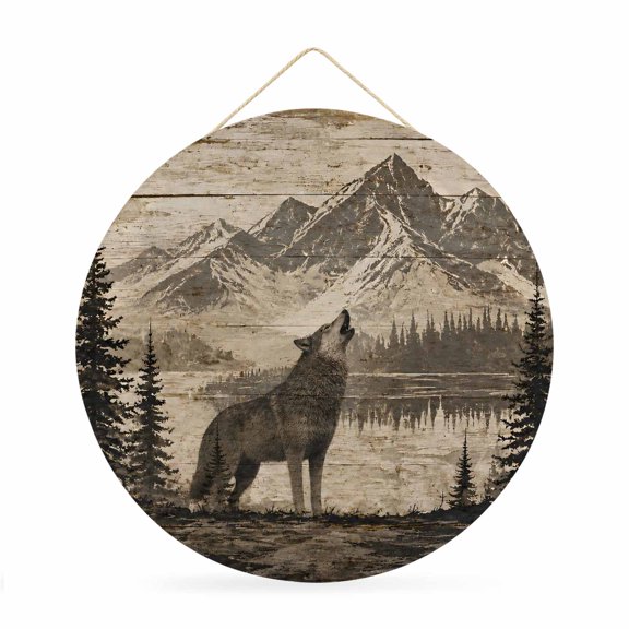 Welcome Sign Front Door Decorations, Mountains Wolf Round Wall Art Outdoor Metal Wreaths, Vintage Country Forest Landscape Brown Seasonal Hanging Sign for Home Porch Decor Warming Gift 12 In