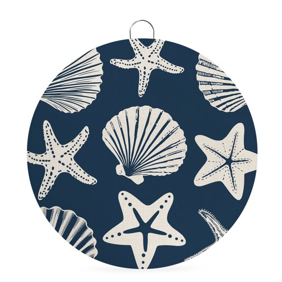 Welcome Sign Front Door Decorations, Navy Blue Coastal Round Wall Art Outdoor Metal Wreaths, Summer Starfish Shell Beach Seasonal Hanging Sign for Home Porch Decor Warming Gift 6 In