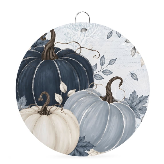 Welcome Sign Front Door Decorations, Navy Blue Fall Round Wall Art Outdoor Metal Wreaths, Thanksgiving Maple Leaf Botanical Pumpkin Seasonal Hanging Sign for Home Porch Decor Warming Gift 6 In